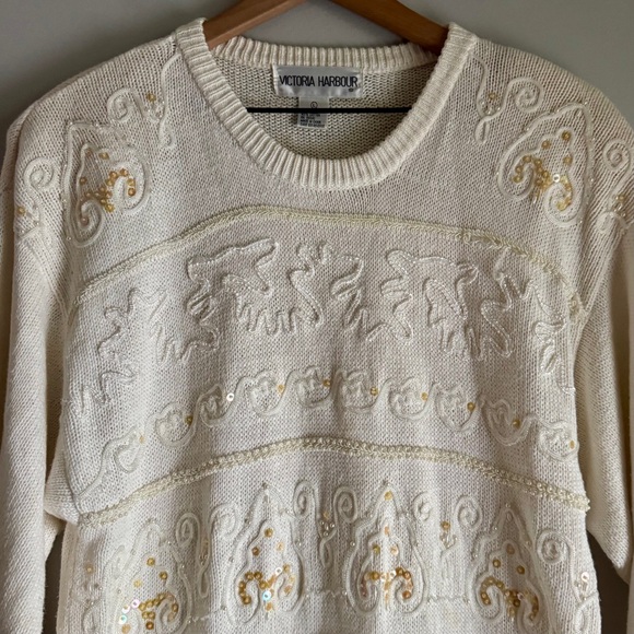 Vintage 90’s Victoria Harbour Cream Beaded Tunic Crewneck Pullover Sweater Large - Picture 3 of 8